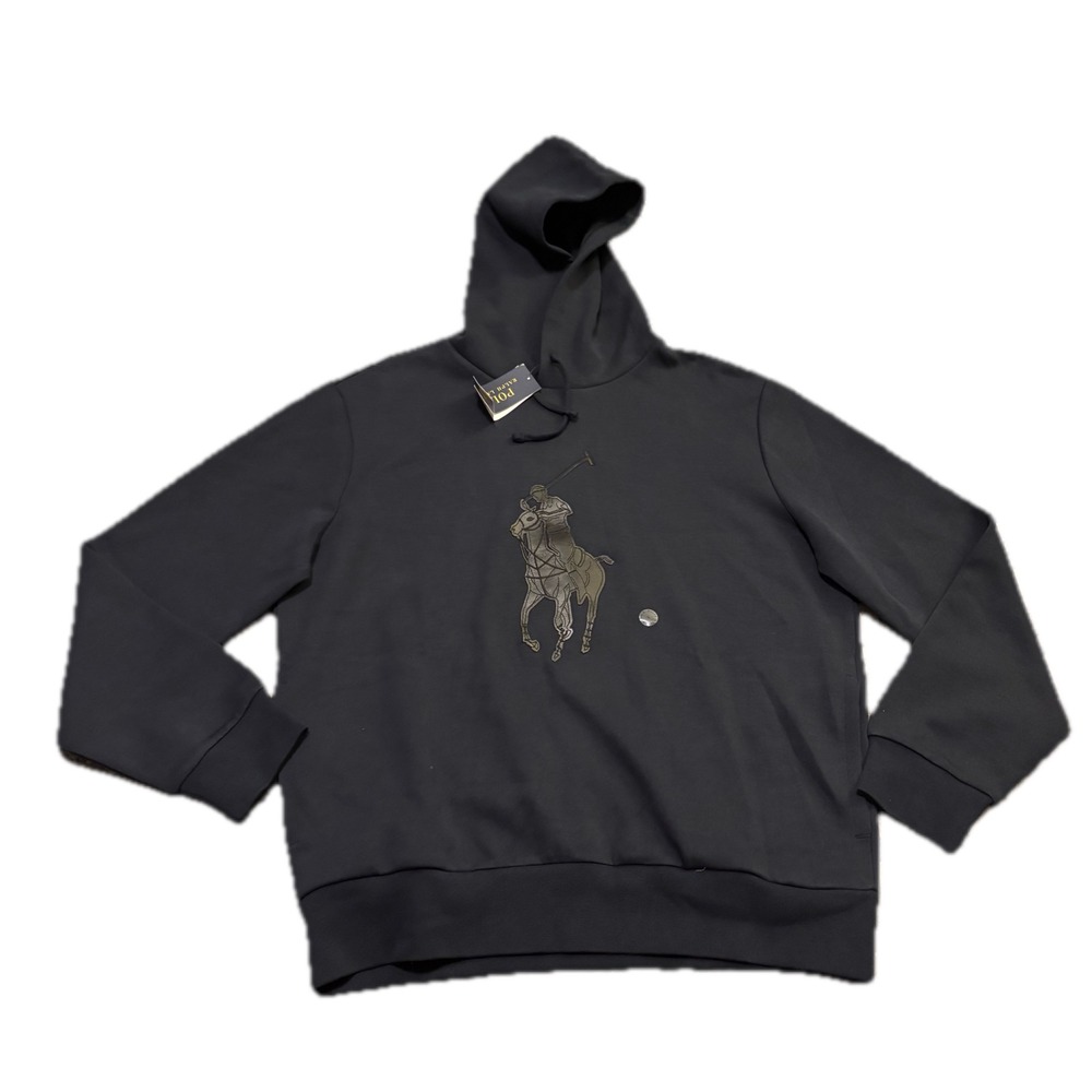 Polo Ralph Lauren Men Navy Leather Pony Double-Knit Hoodie Large NEW